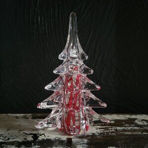 Vtg Glass Christmas Tree Clear And Red Glass Christmas Tree, 5.75 Inches *Chip